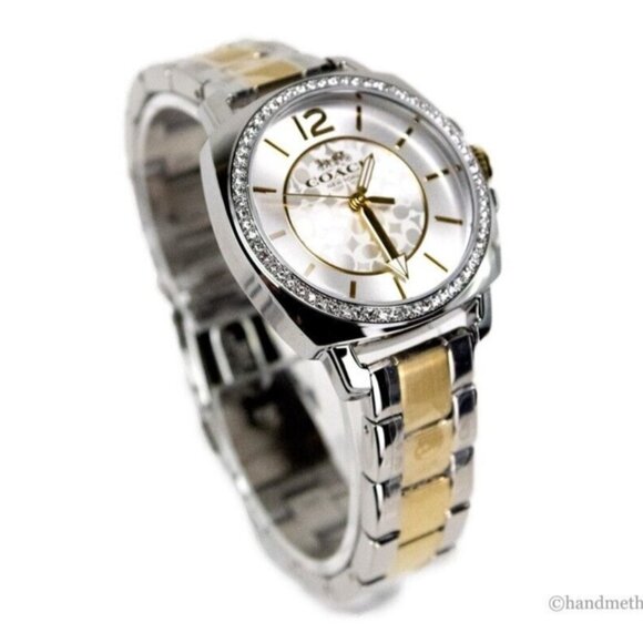 NEW Coach Women's Boyfriend Watch Crystal Bezel Logo Dial Silver and Gold Toned - Picture 7 of 12